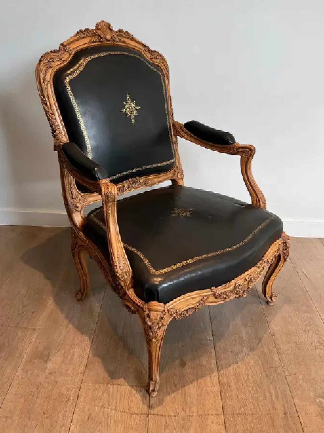 Walnut and leather queen's armchair with iron and steel, 1950s 2