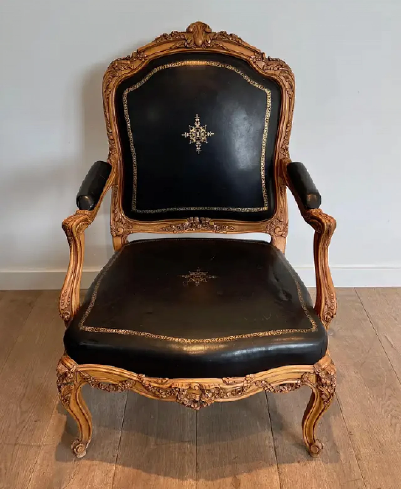 Walnut and leather queen's armchair with iron and steel, 1950s 3