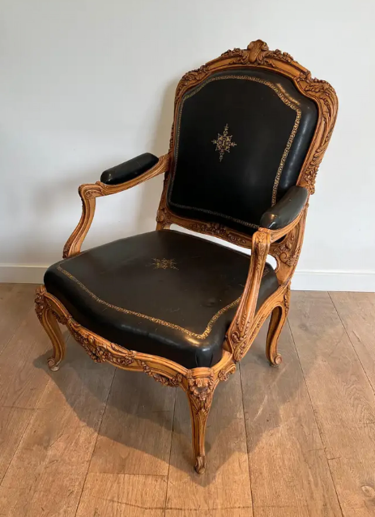 Walnut and leather queen's armchair with iron and steel, 1950s 4