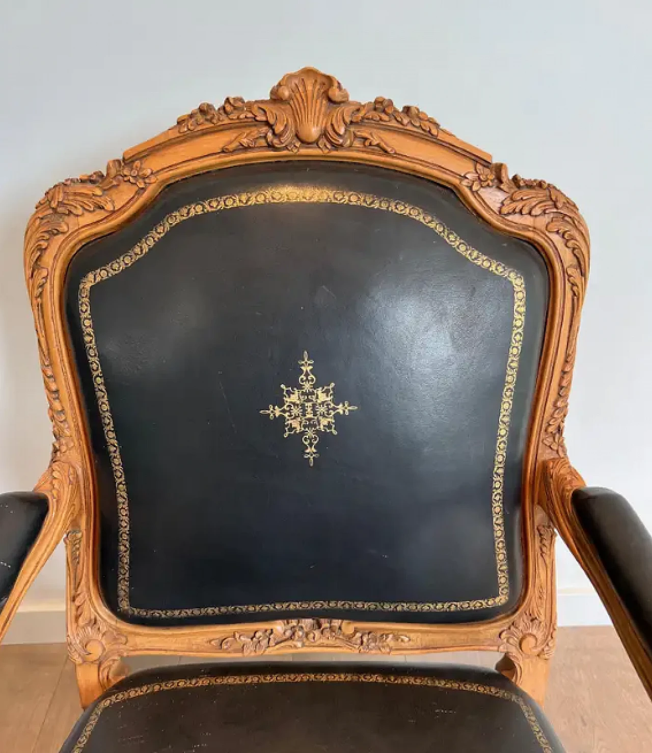 Walnut and leather queen's armchair with iron and steel, 1950s 6