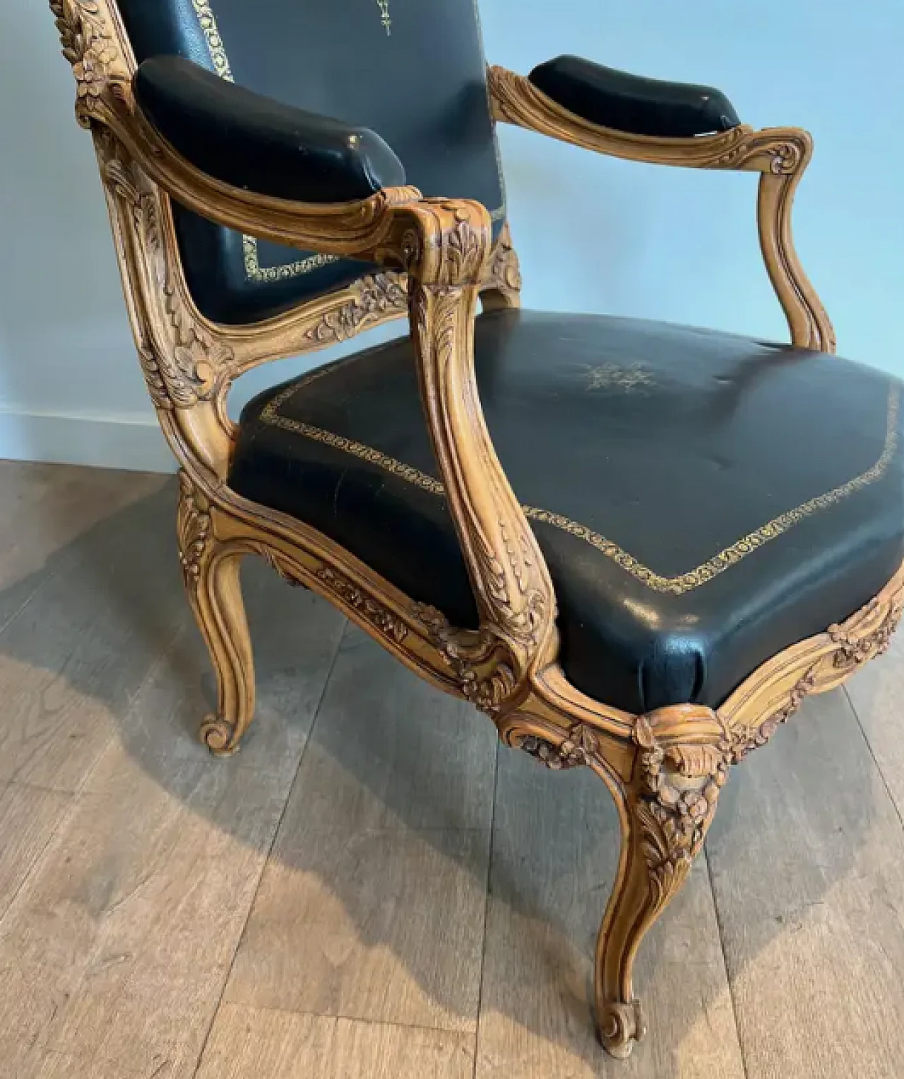 Walnut and leather queen's armchair with iron and steel, 1950s 8