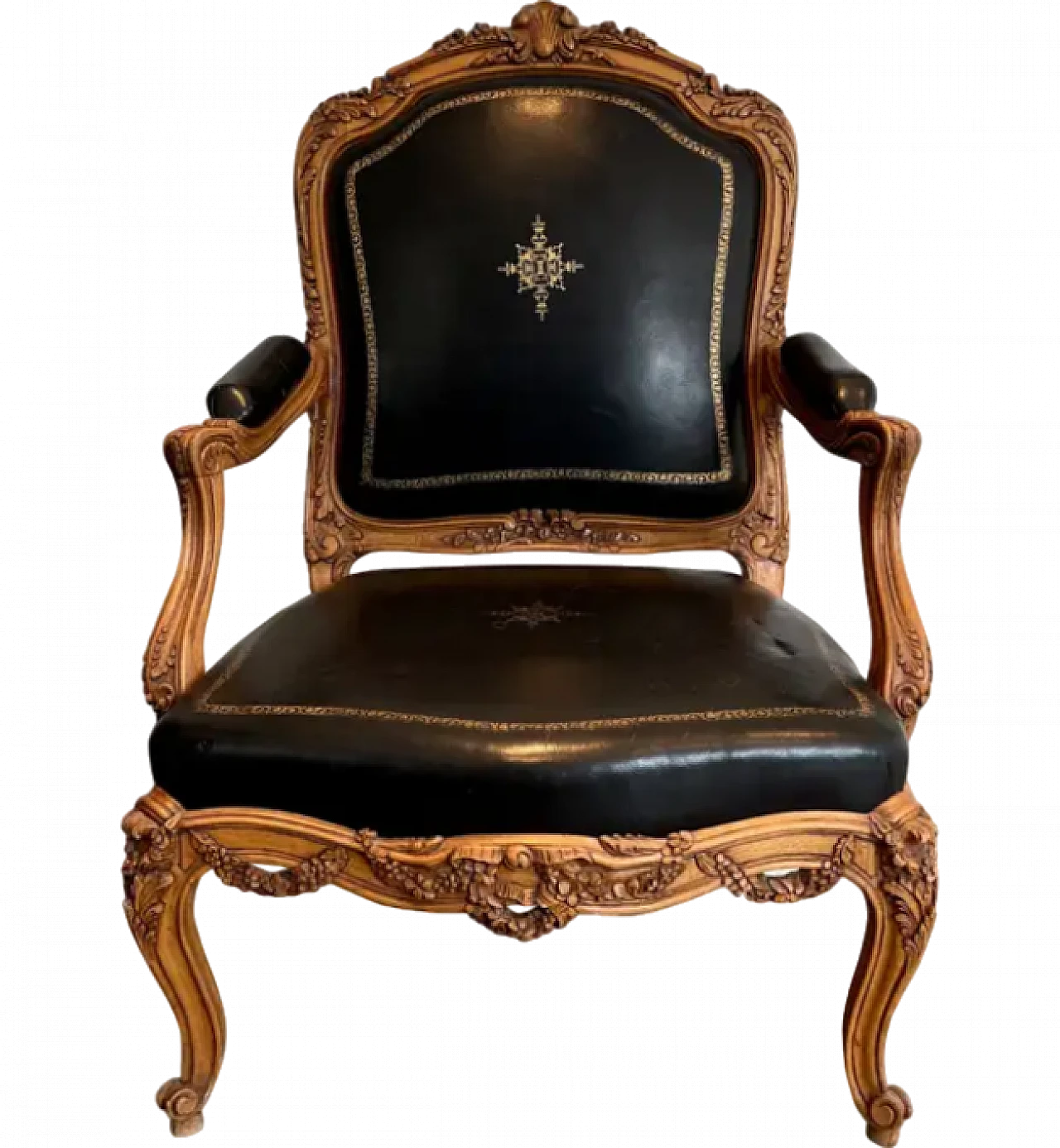 Walnut and leather queen's armchair with iron and steel, 1950s 16