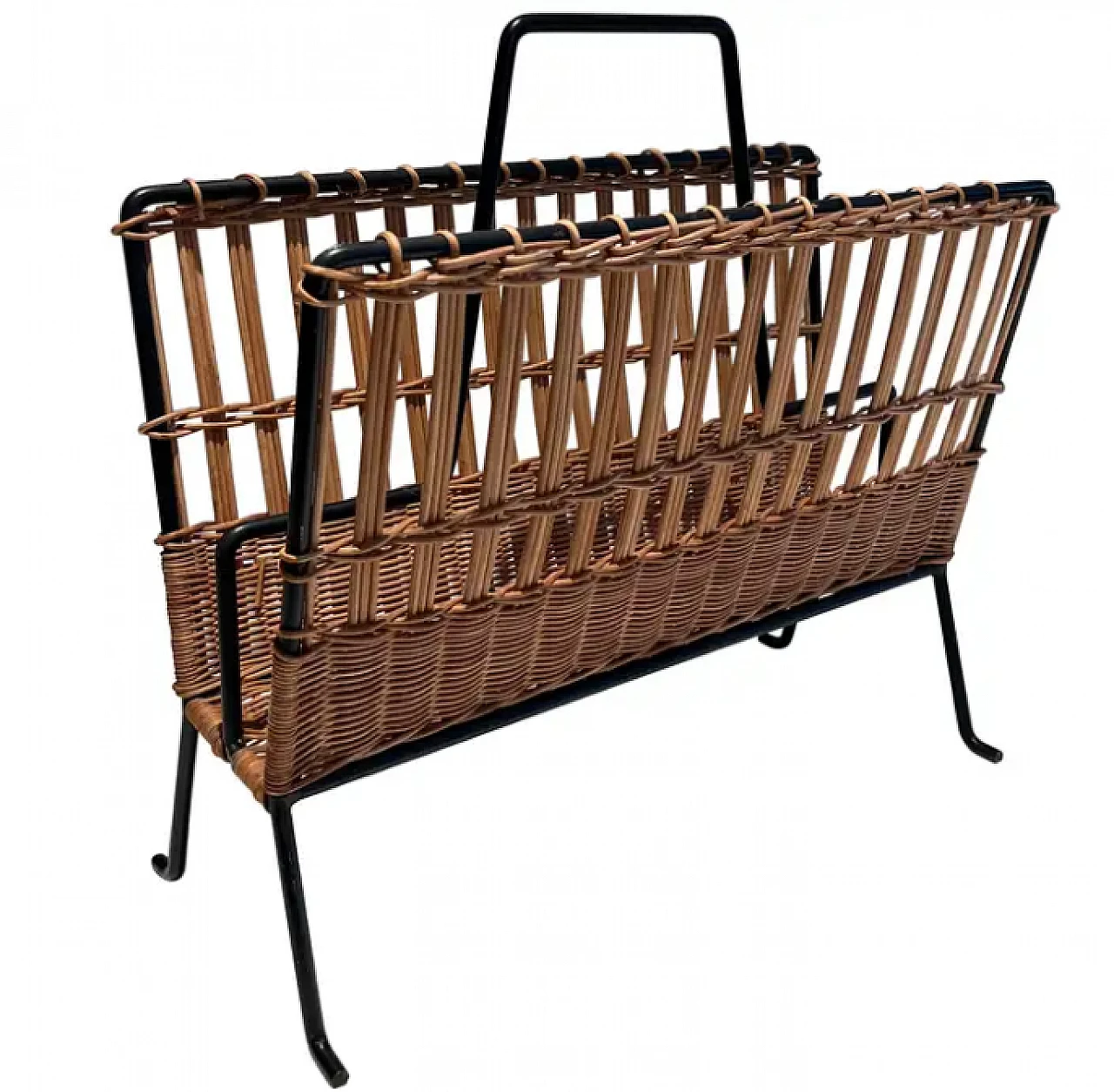 Rattan and black lacquered magazine rack, 1950s 1