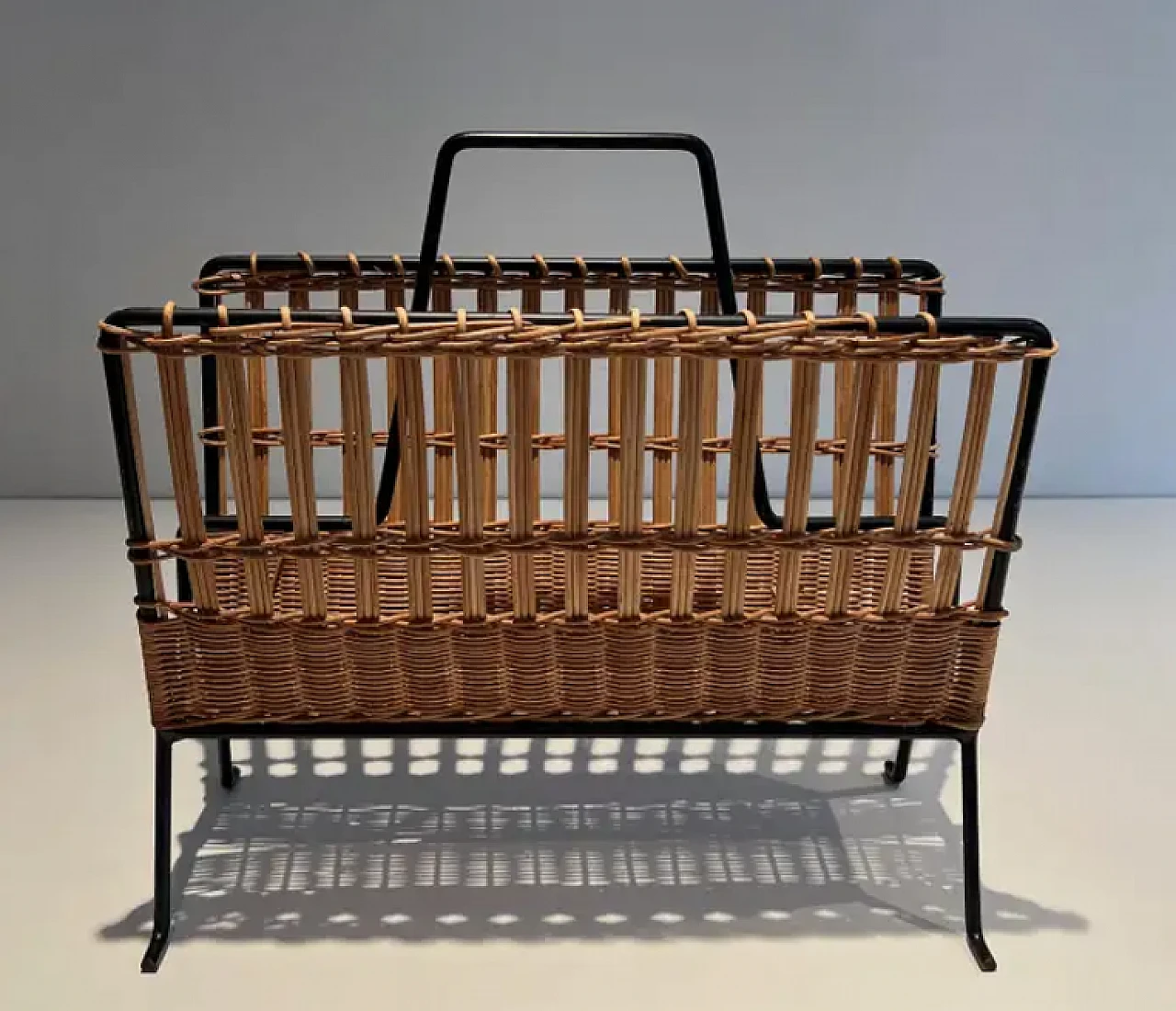 Rattan and black lacquered magazine rack, 1950s 2