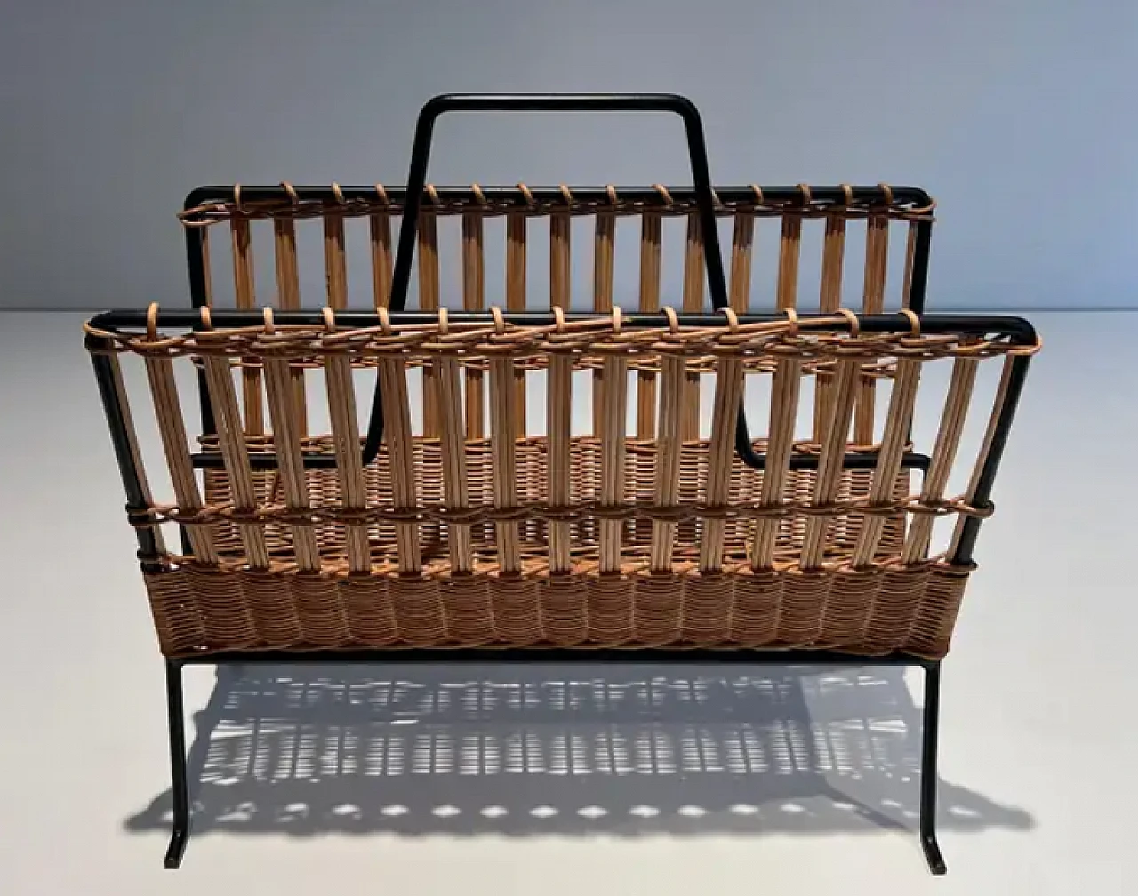 Rattan and black lacquered magazine rack, 1950s 3