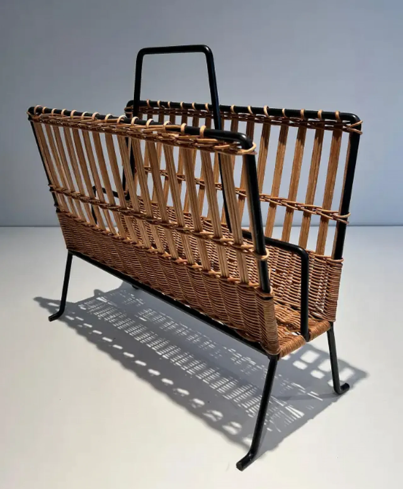 Rattan and black lacquered magazine rack, 1950s 4