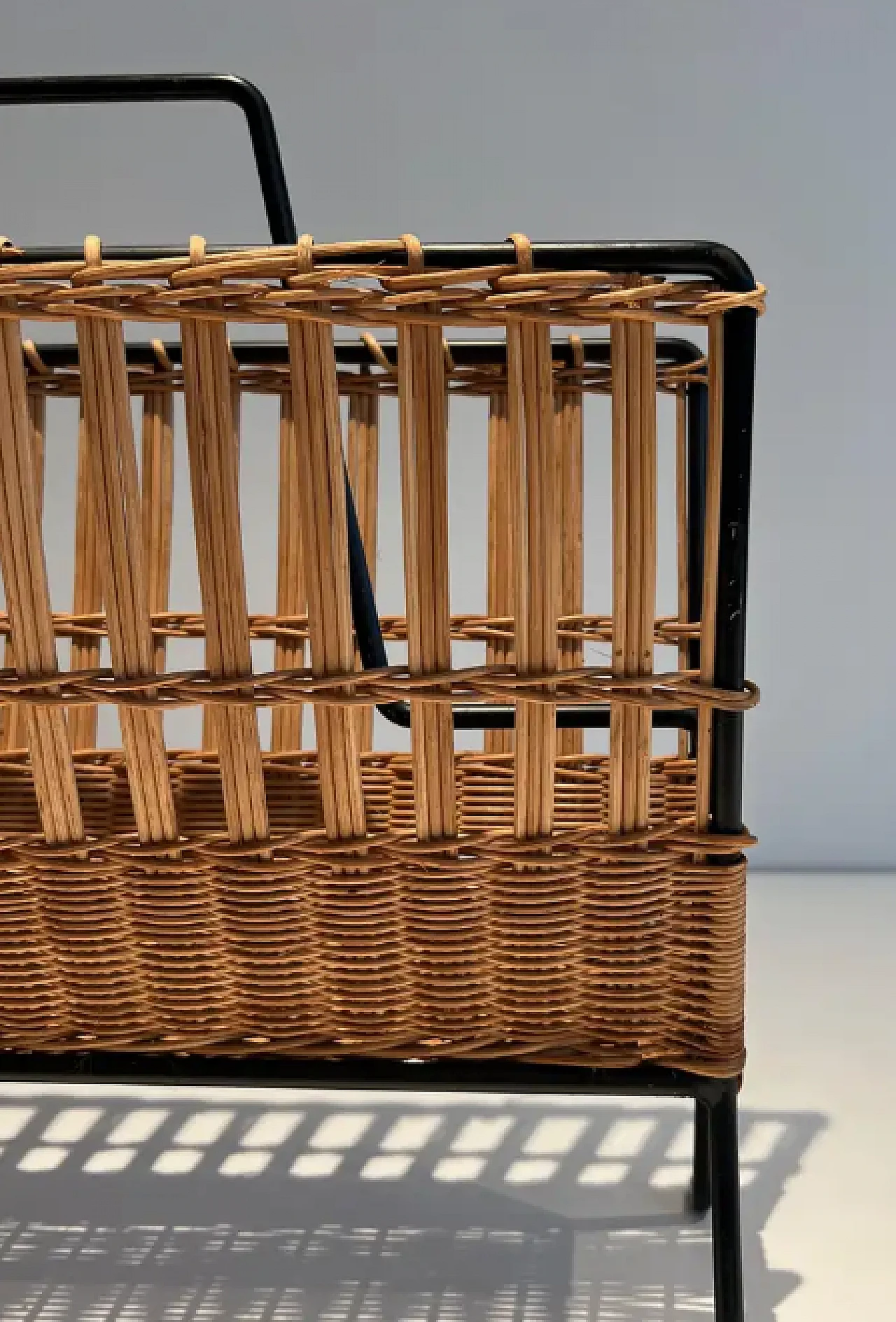 Rattan and black lacquered magazine rack, 1950s 10