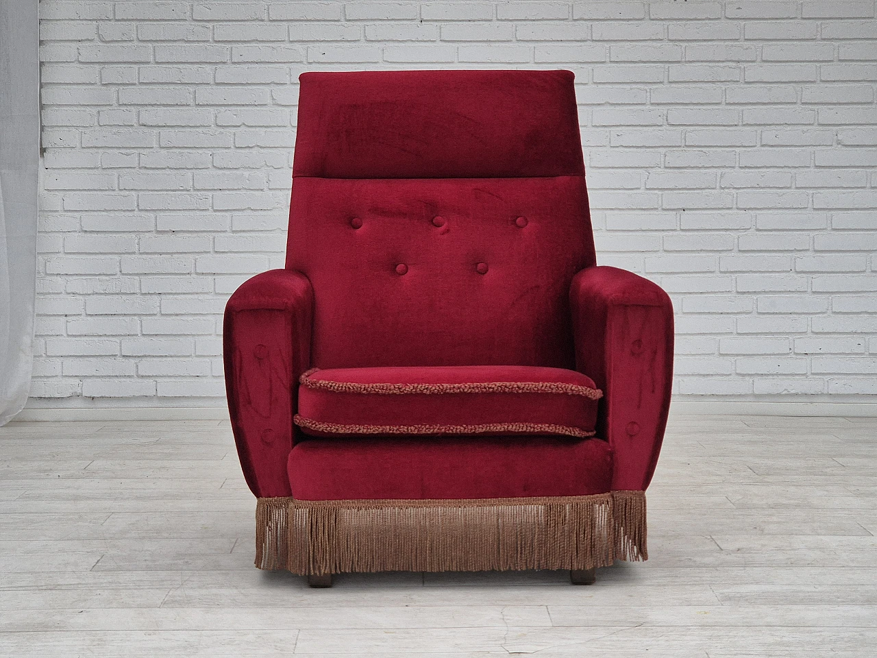 Danish armchair red velour, 1970s 5