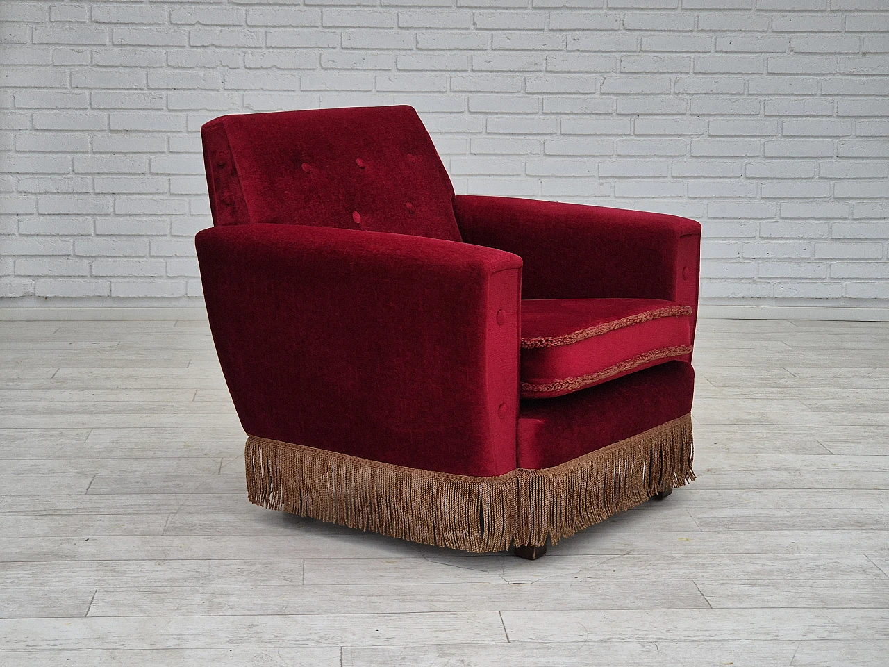 Danish lounge chair cherry-red velour, 1970s 1