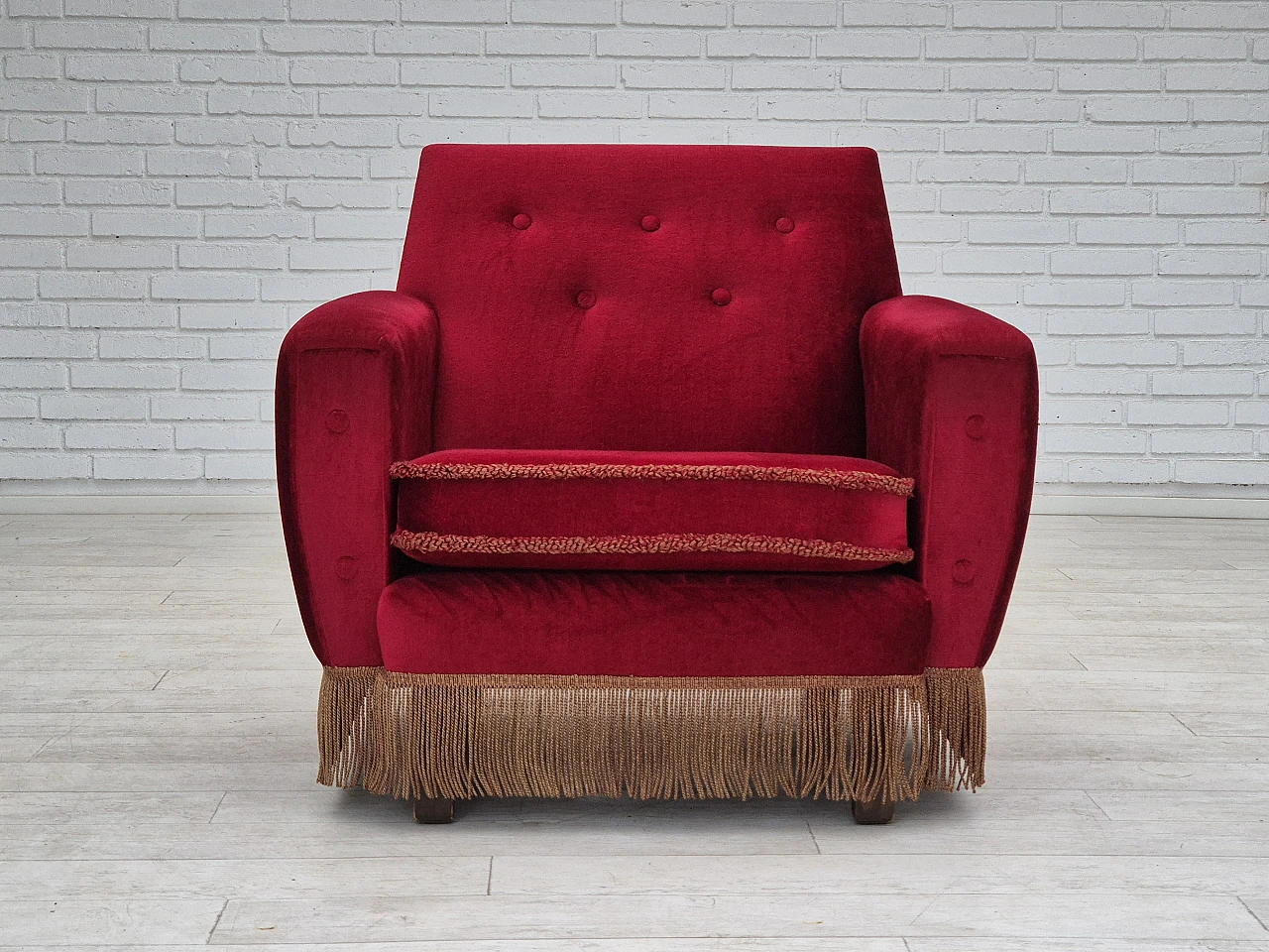 Danish lounge chair cherry-red velour, 1970s 5