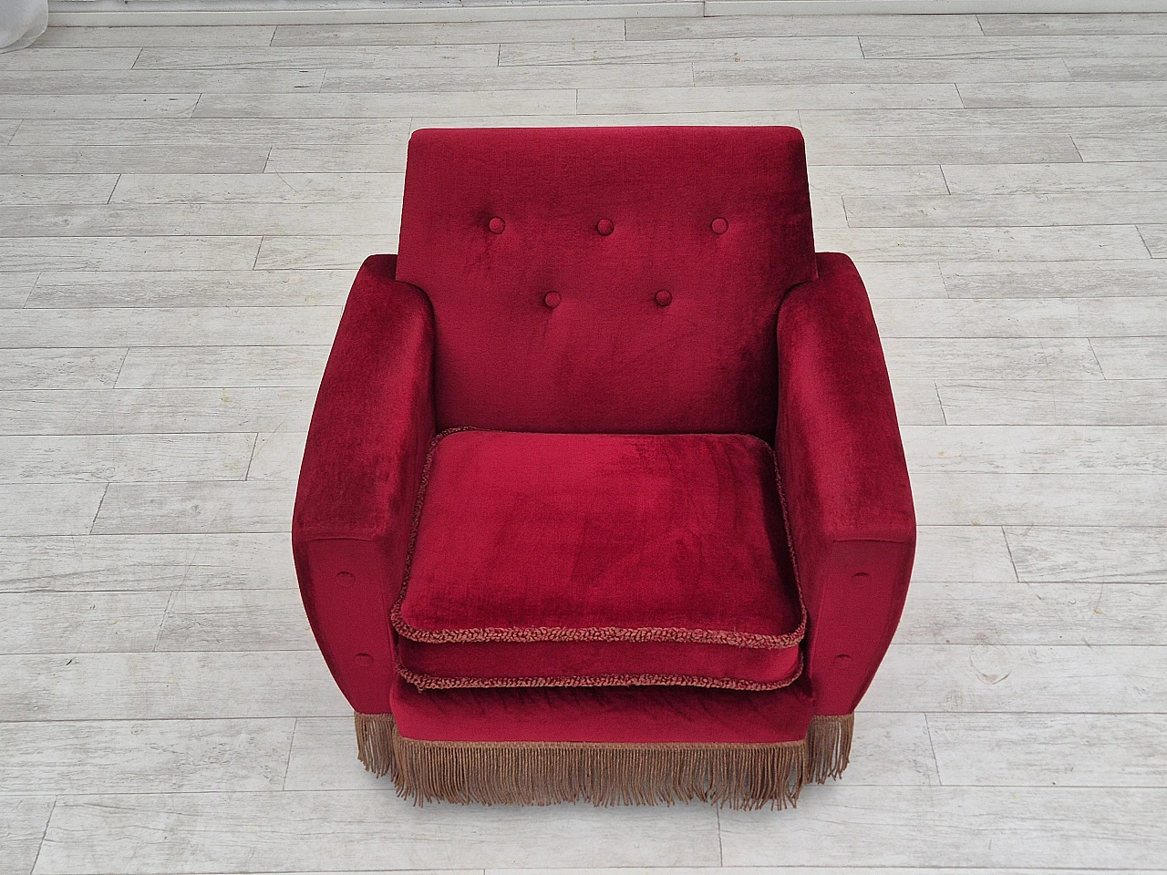 Danish lounge chair cherry-red velour, 1970s 6