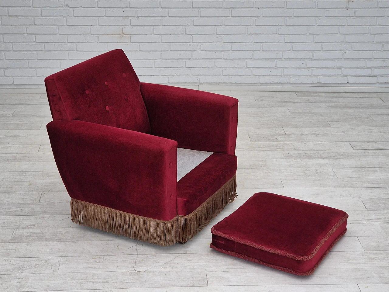 Danish lounge chair cherry-red velour, 1970s 15