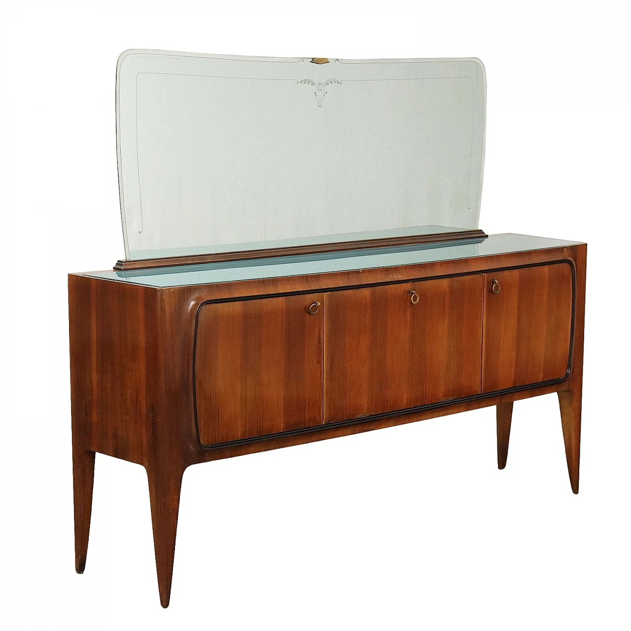 Credenza con specchio in noce con piano in vetro, anni '50 1