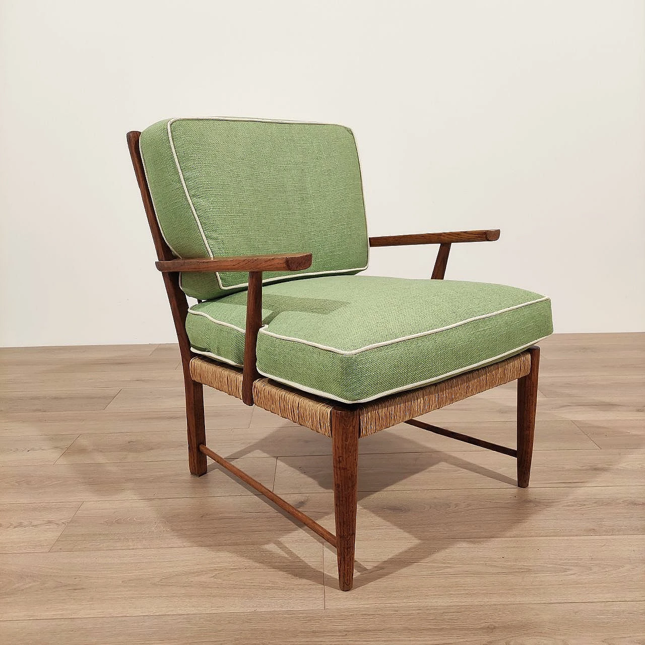 Armchair in chestnut wood and straw, 1950s 1