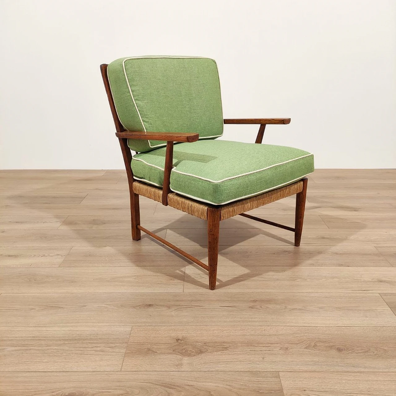 Armchair in chestnut wood and straw, 1950s 2