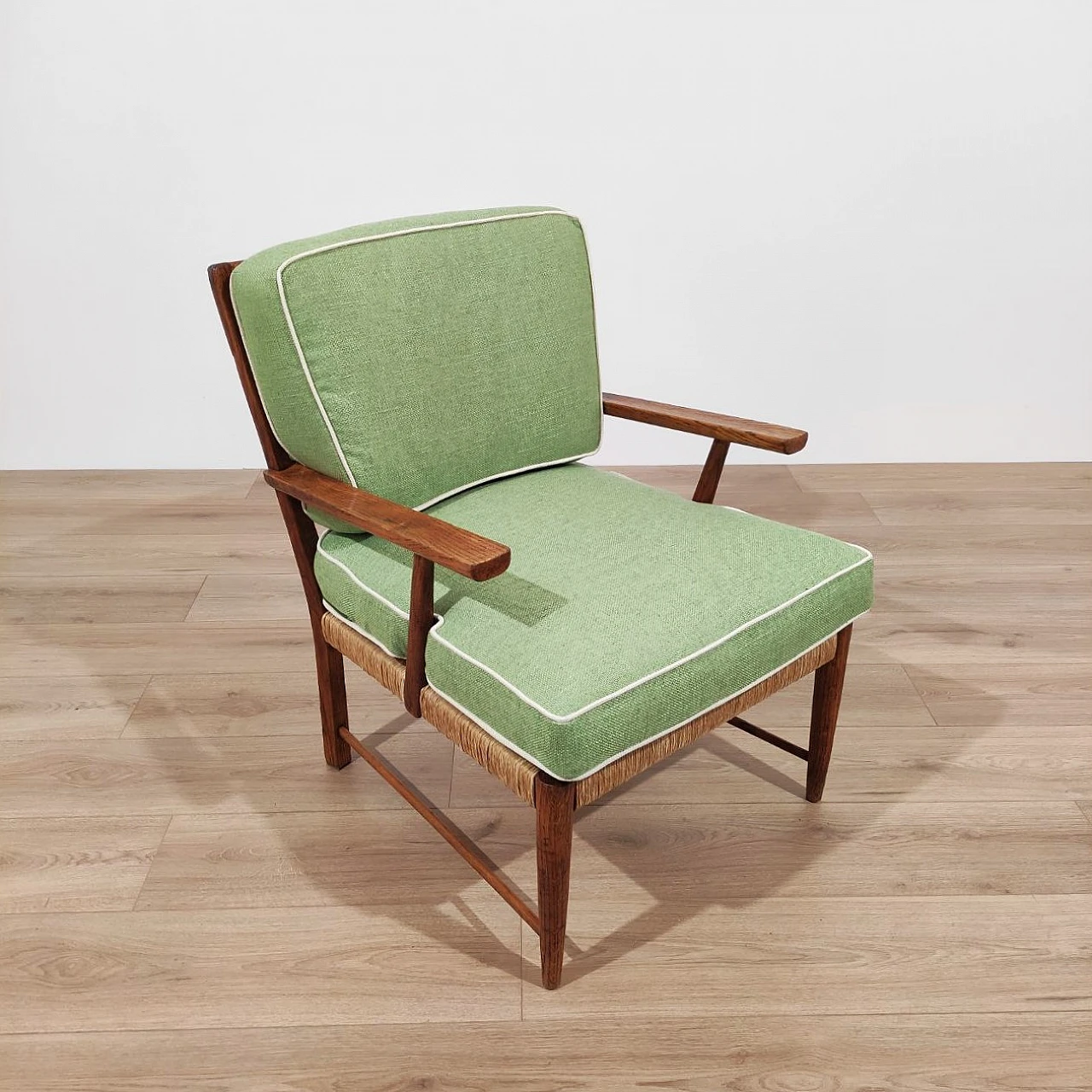 Armchair in chestnut wood and straw, 1950s 3