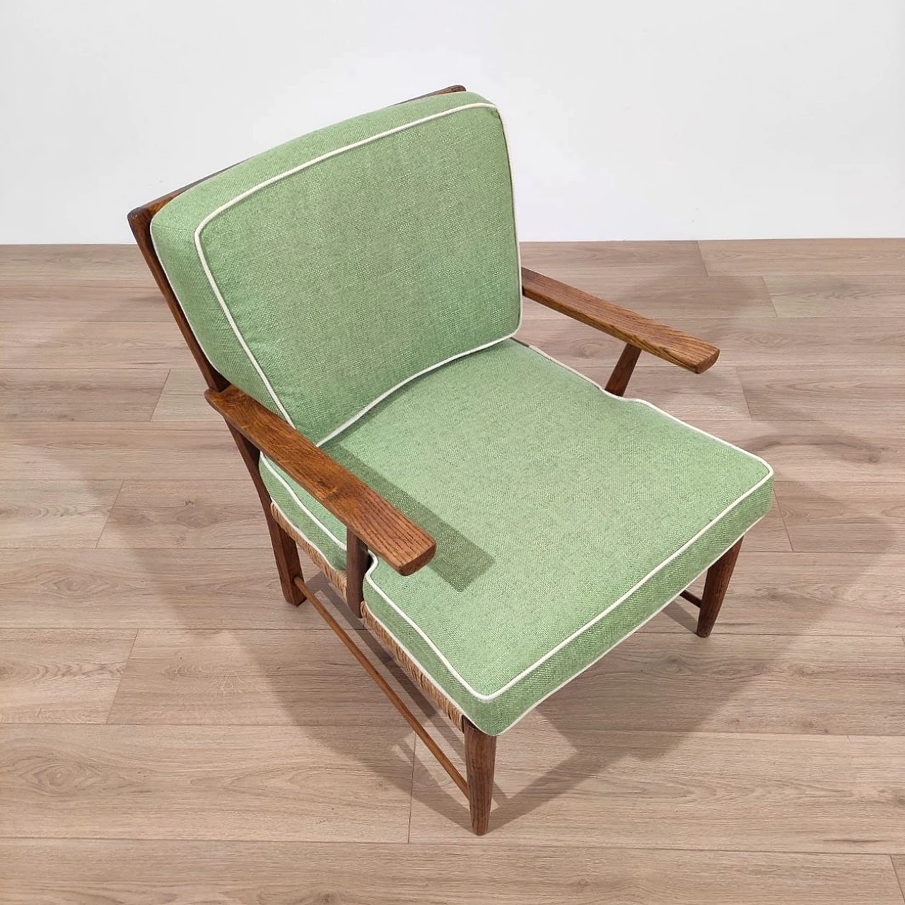 Armchair in chestnut wood and straw, 1950s 4