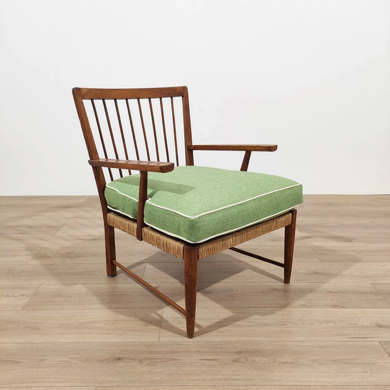 Armchair in chestnut wood and straw, 1950s 5