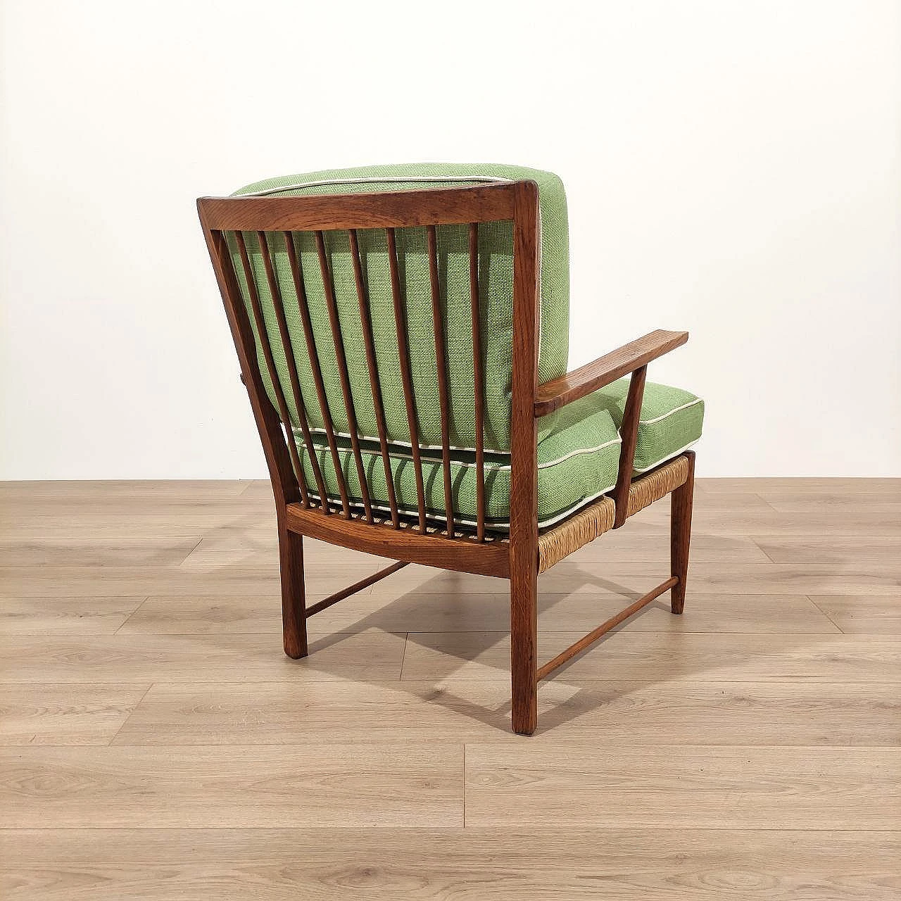 Armchair in chestnut wood and straw, 1950s 6