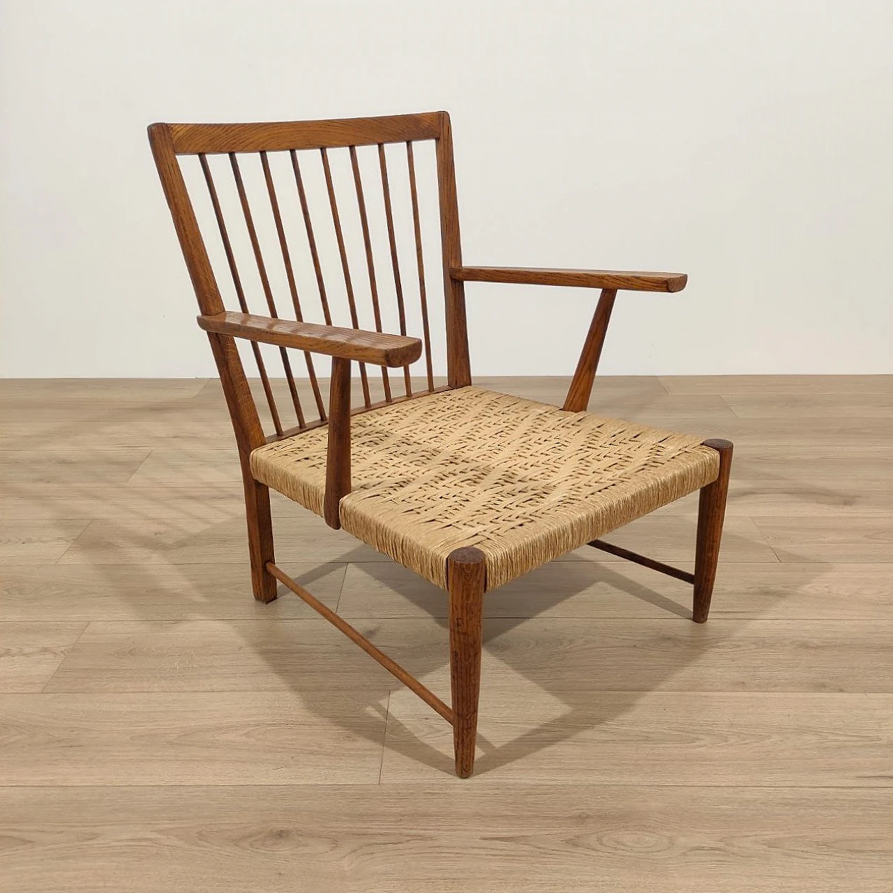 Armchair in chestnut wood and straw, 1950s 7