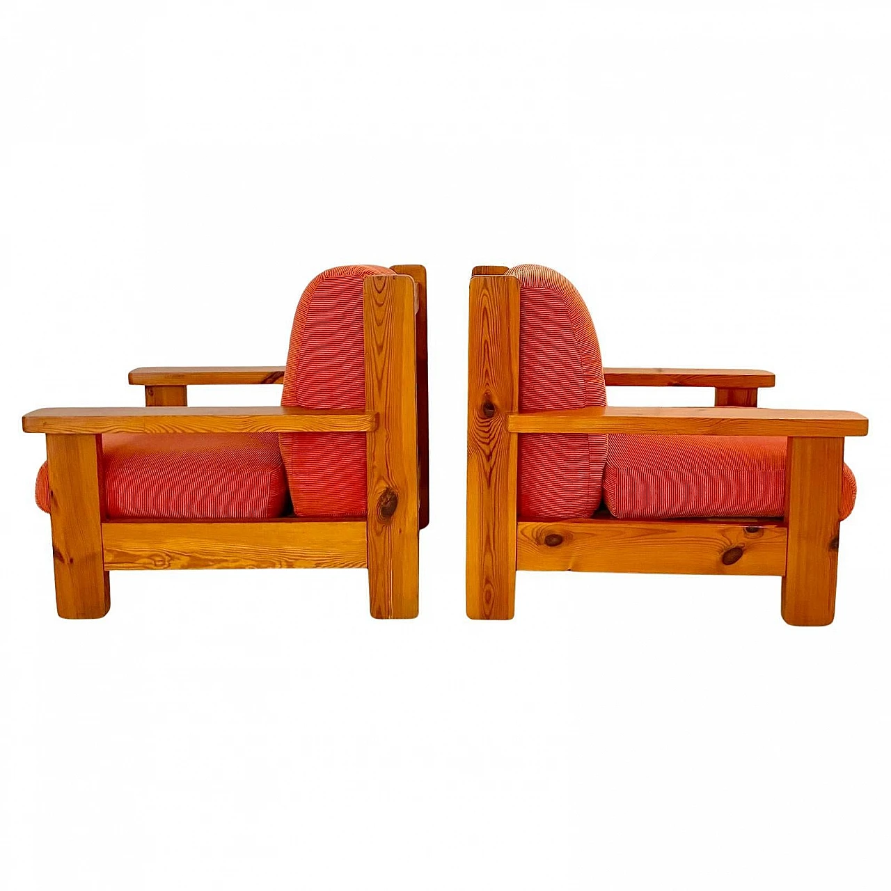 Pair of large armchairs in wood and red velvet, Italy, 1970s 1