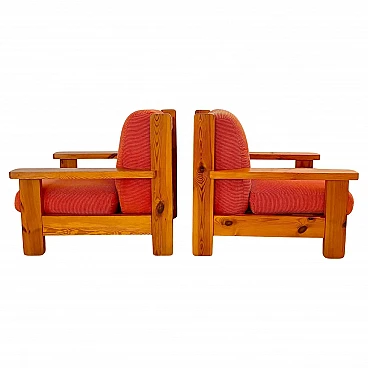 Pair of large armchairs in wood and red velvet, Italy, 1970s