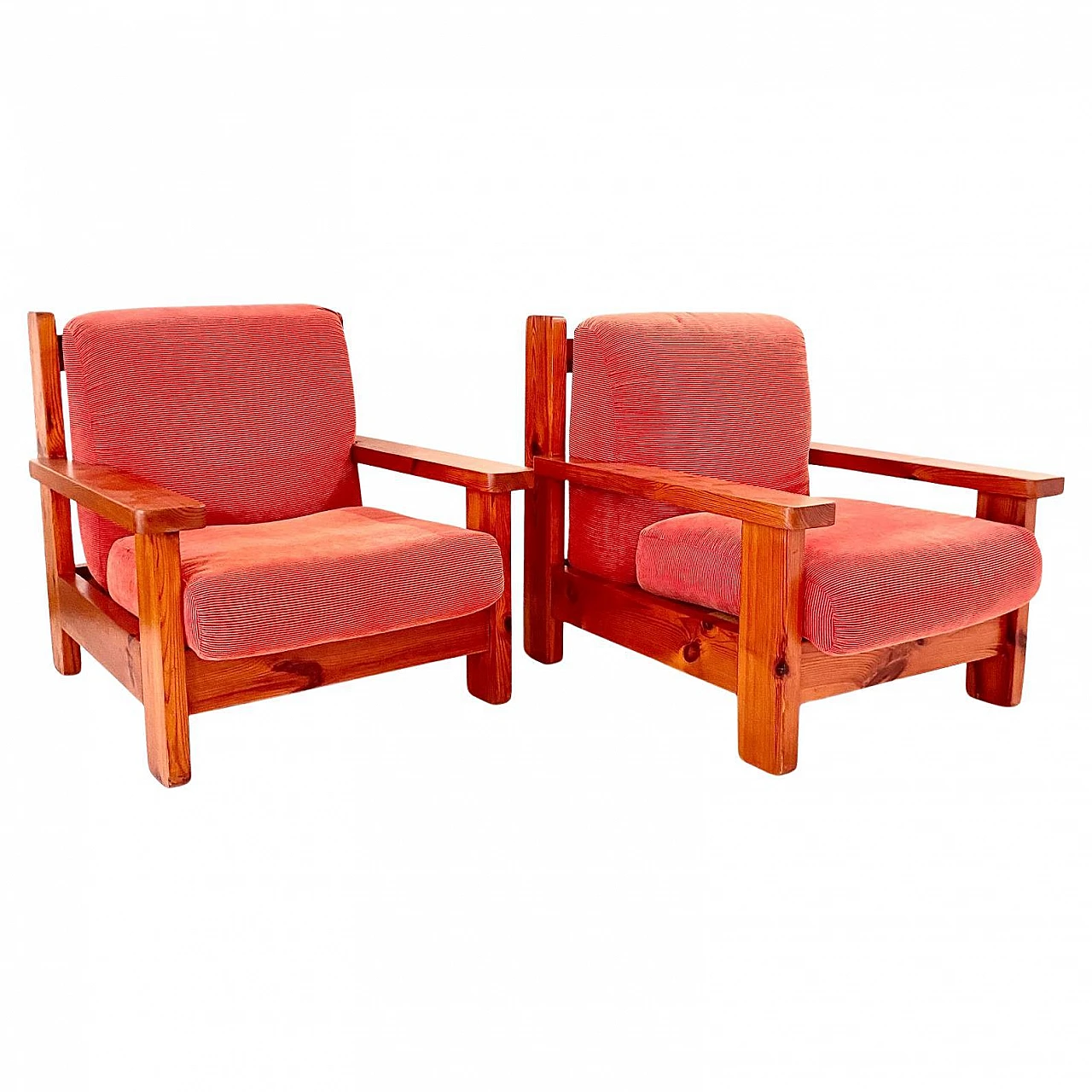 Pair of large armchairs in wood and red velvet, Italy, 1970s 2