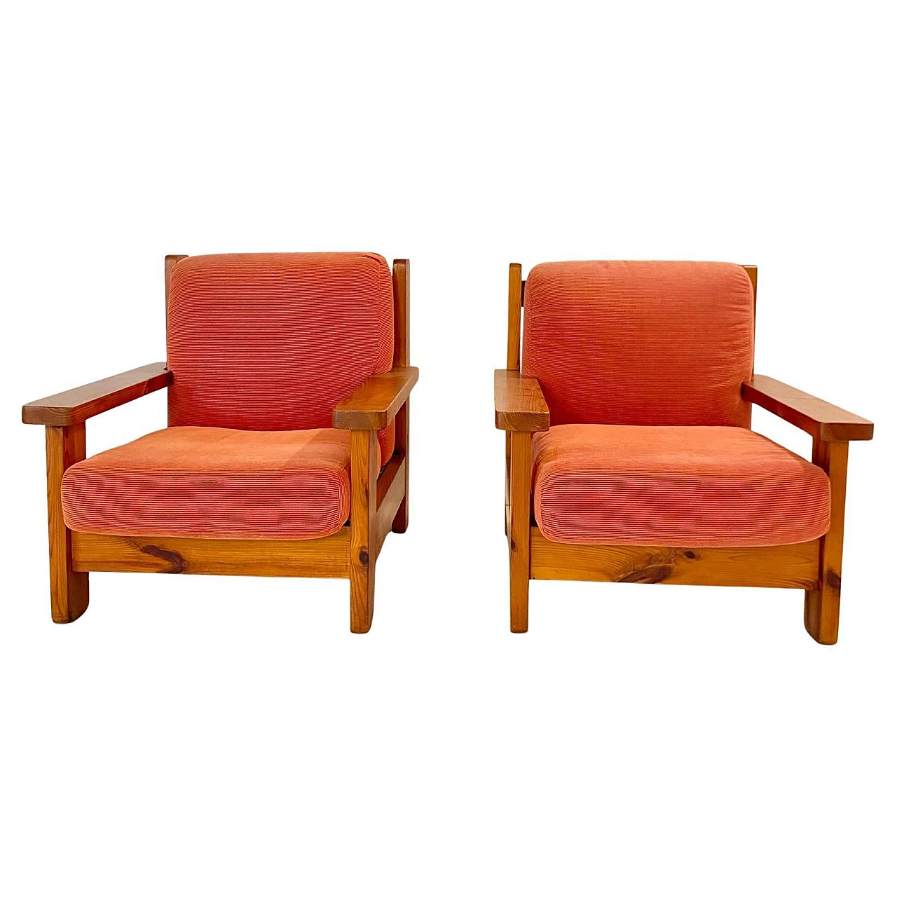 Pair of large armchairs in wood and red velvet, Italy, 1970s 3