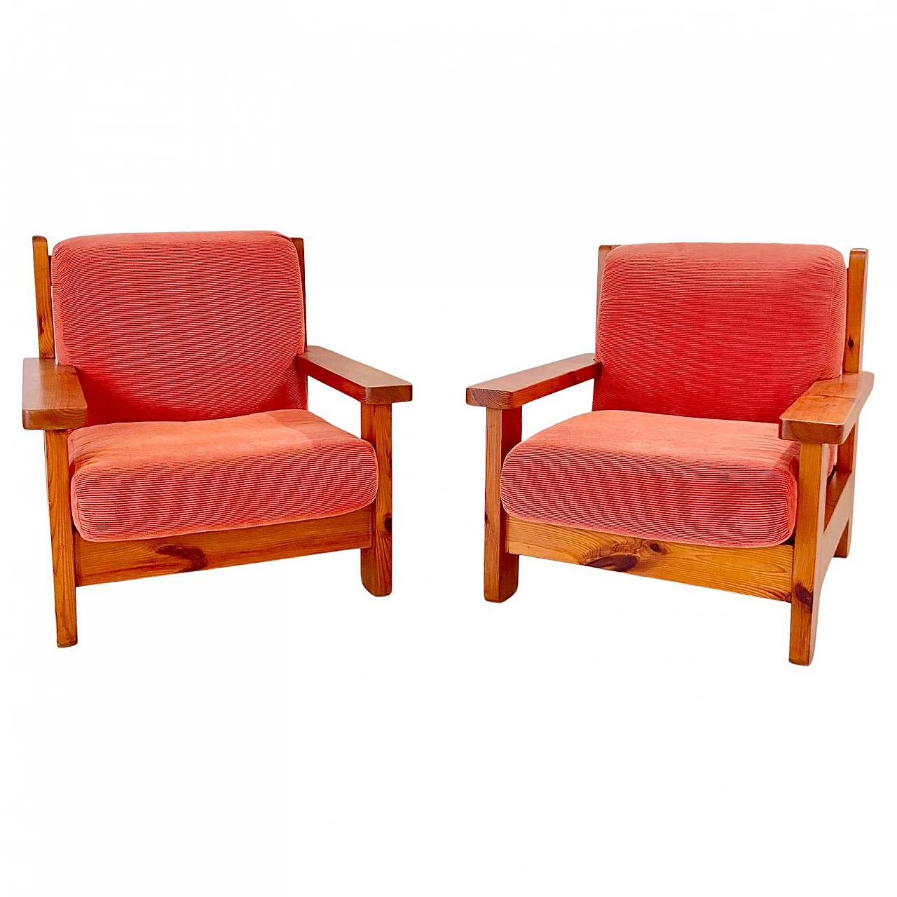 Pair of large armchairs in wood and red velvet, Italy, 1970s 4