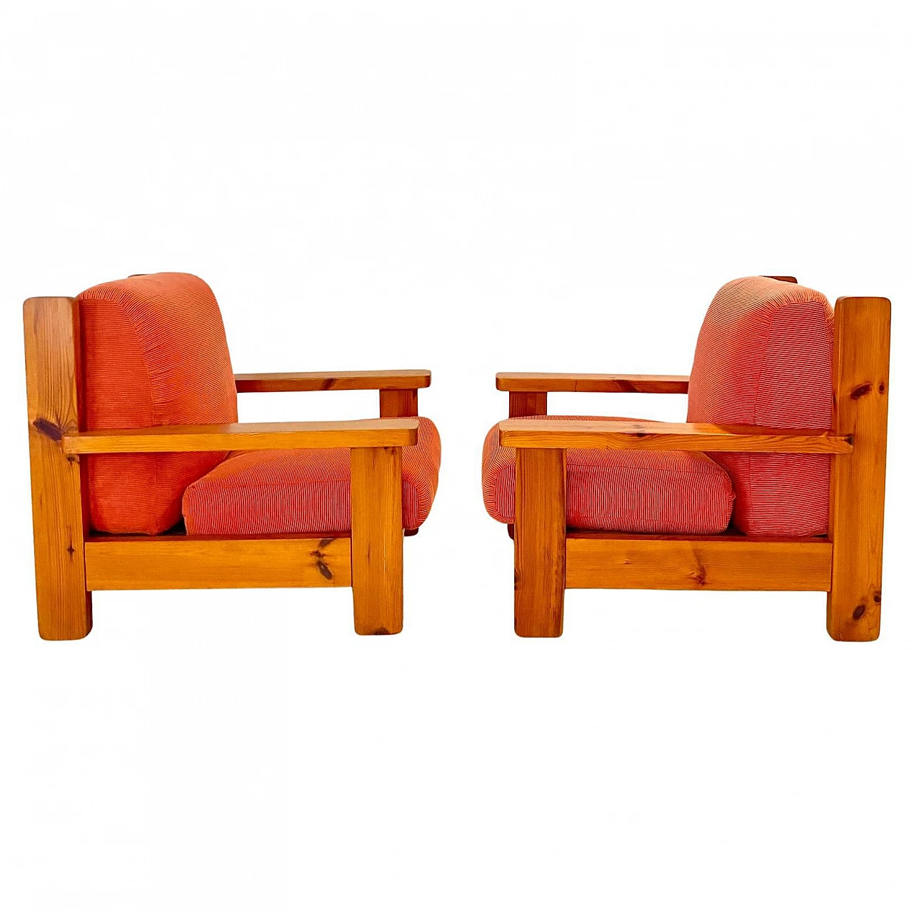 Pair of large armchairs in wood and red velvet, Italy, 1970s 5