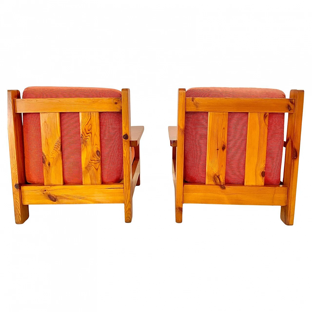 Pair of large armchairs in wood and red velvet, Italy, 1970s 6