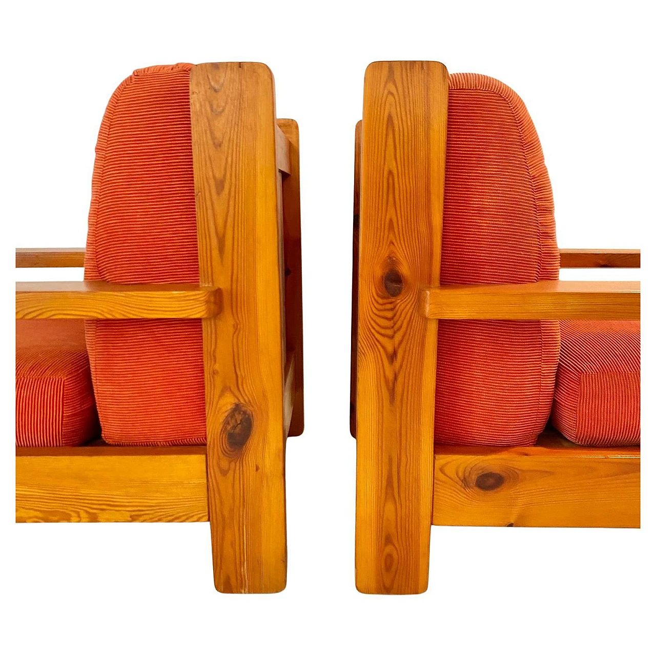 Pair of large armchairs in wood and red velvet, Italy, 1970s 11