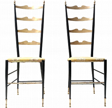 Pair of Chiavarine chair in brass, metal and yellow fabric, 1950s