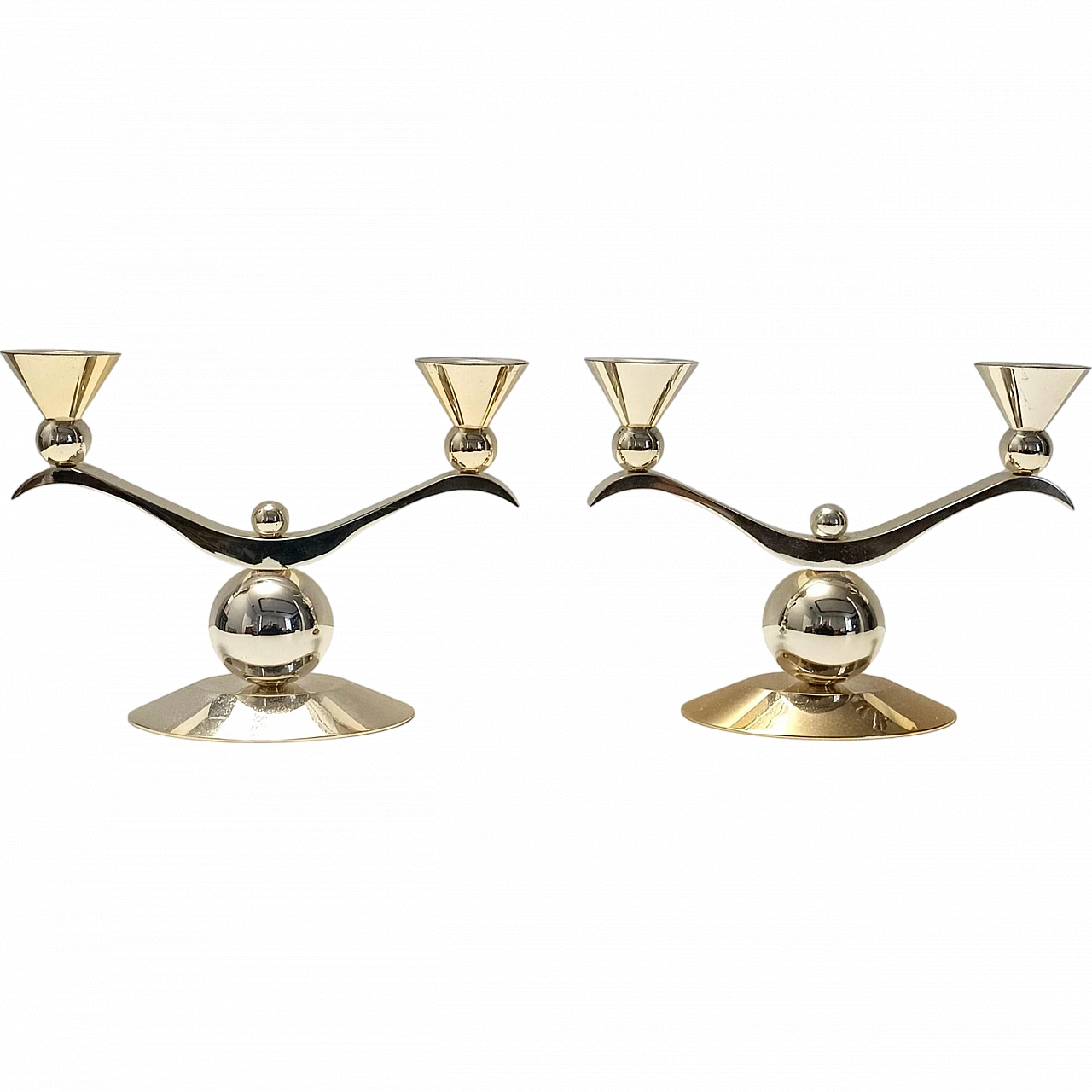 Art Deco pair of silver and gold metal candelabra, Italy 1980s 11