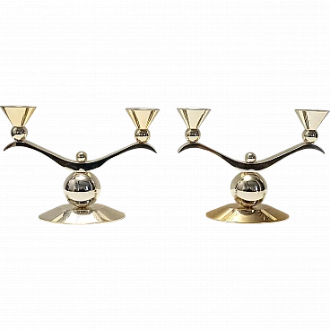 Art Deco pair of silver and gold metal candelabra, Italy 1980s