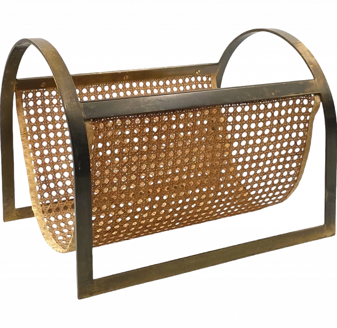 Hollywood regency brass and Vienna straw magazine rack, Italy 70s 19