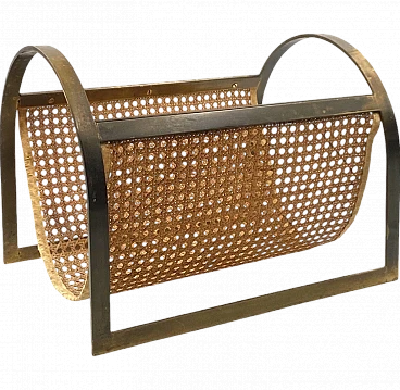 Hollywood regency brass and Vienna straw magazine rack, Italy 70s