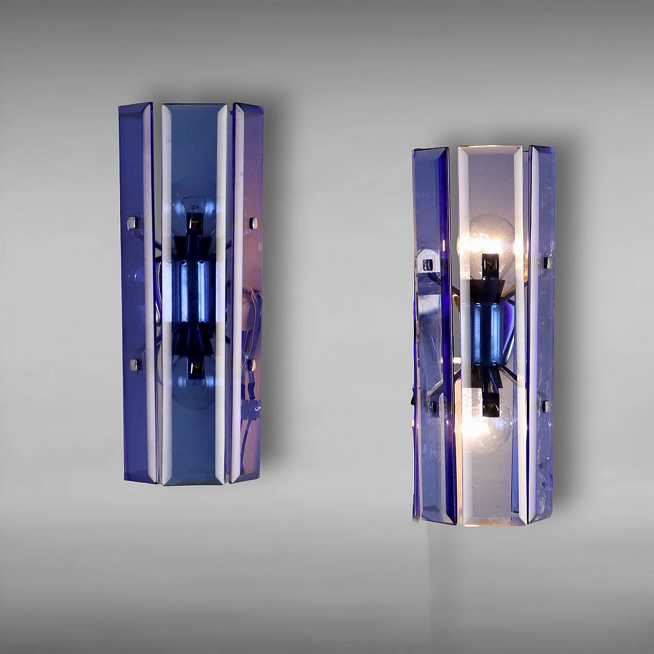 Pair of metal and blue glass wall lights, 1960s 1