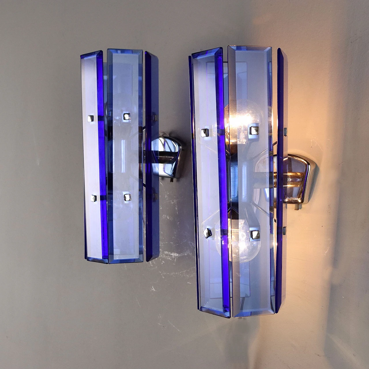 Pair of metal and blue glass wall lights, 1960s 3