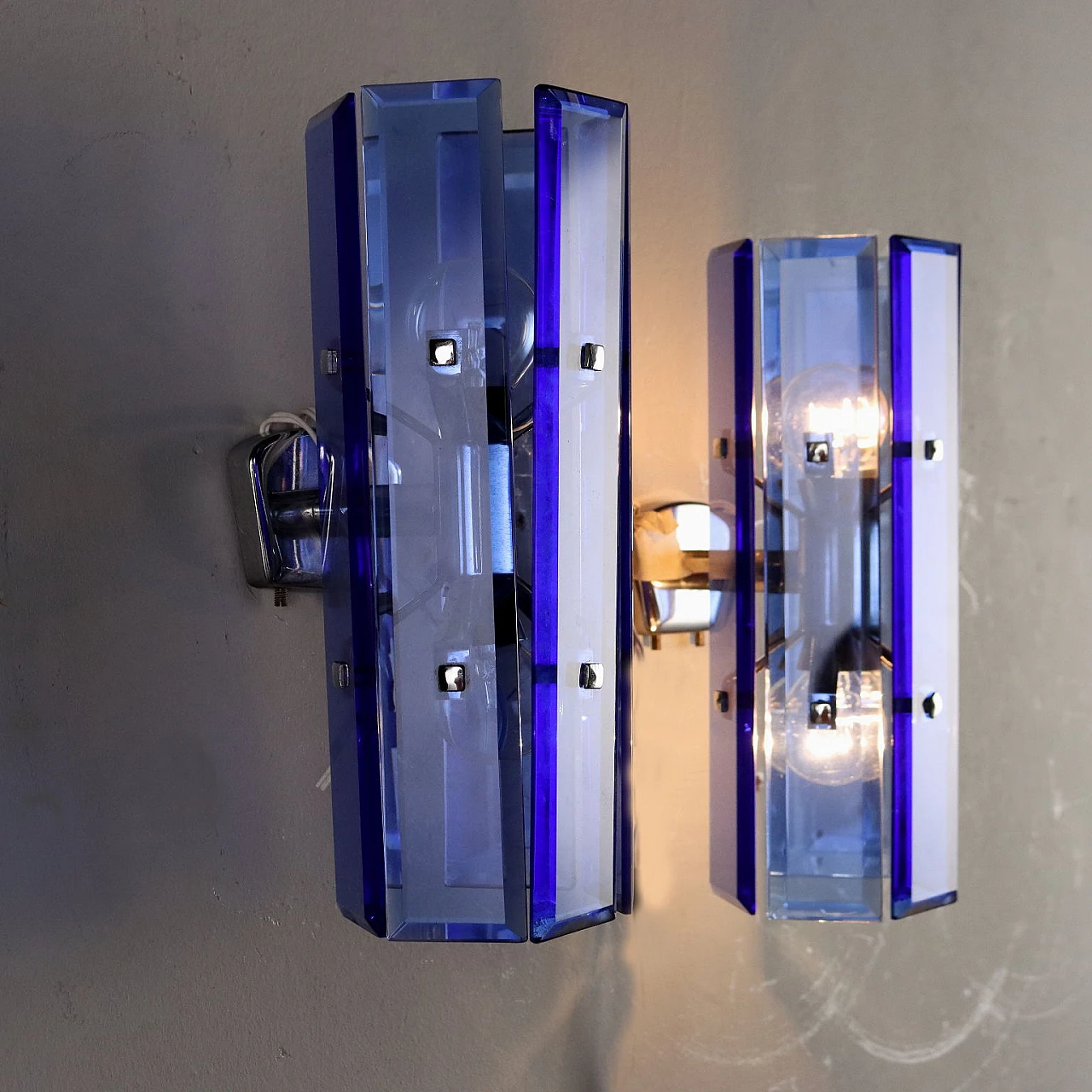 Pair of metal and blue glass wall lights, 1960s 4