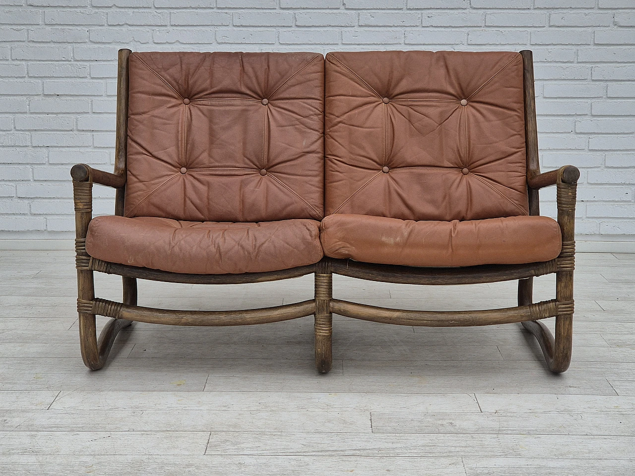 1970s, Scandinavian 2 seater sofa, original condition, bamboo, leather 2