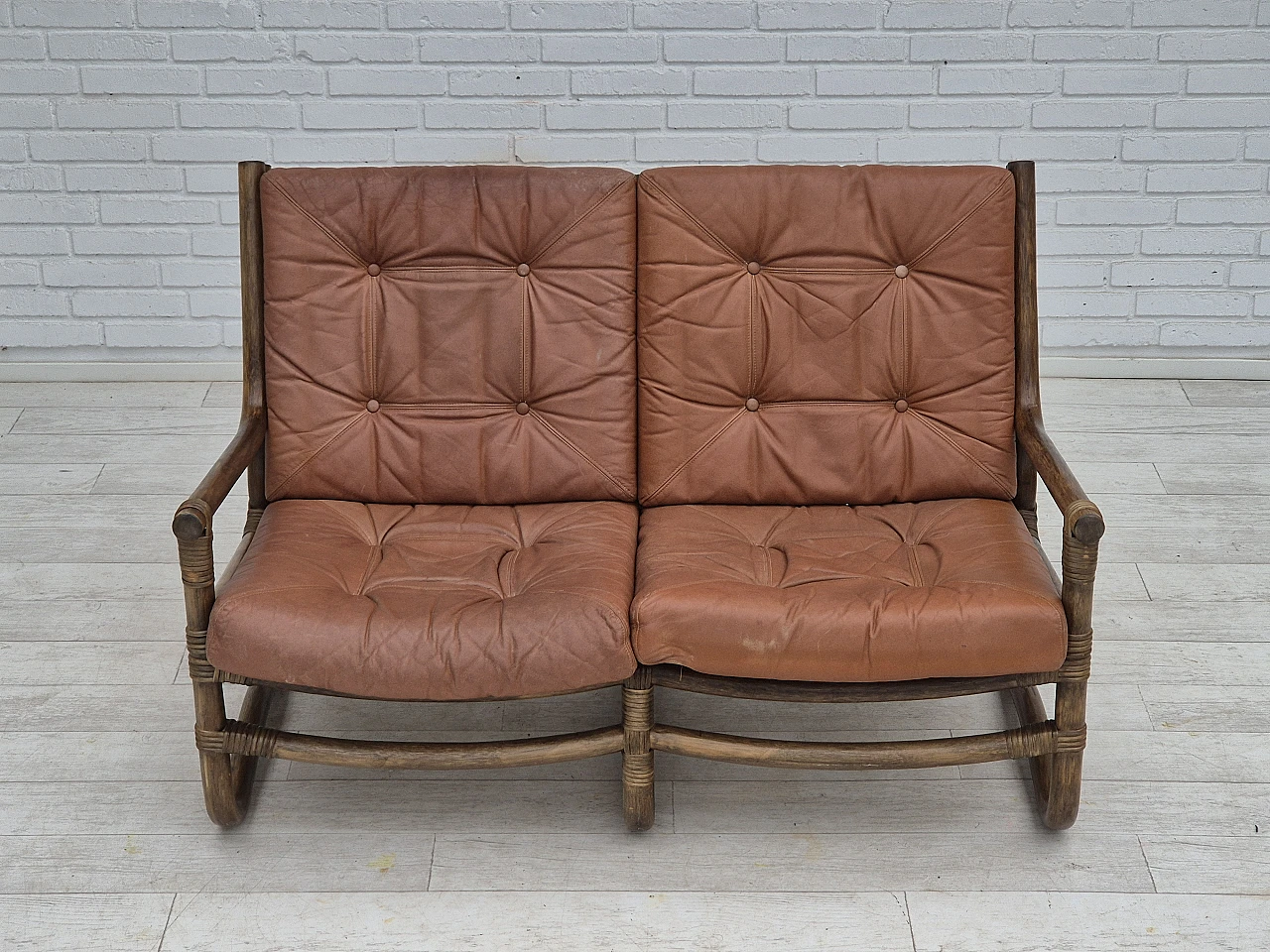 1970s, Scandinavian 2 seater sofa, original condition, bamboo, leather 3