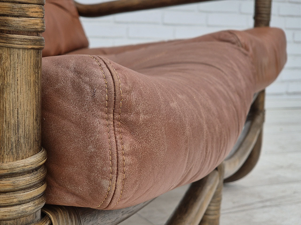 1970s, Scandinavian 2 seater sofa, original condition, bamboo, leather 7