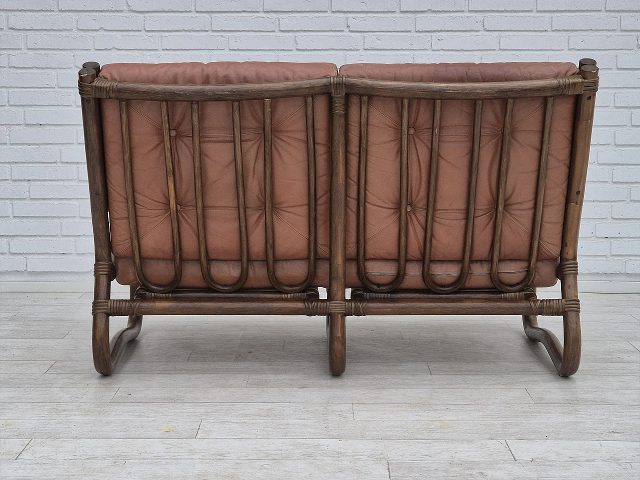 1970s, Scandinavian 2 seater sofa, original condition, bamboo, leather 10