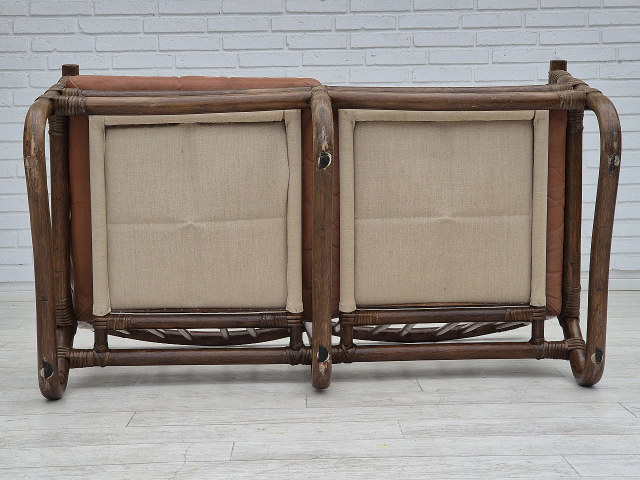 1970s, Scandinavian 2 seater sofa, original condition, bamboo, leather 16