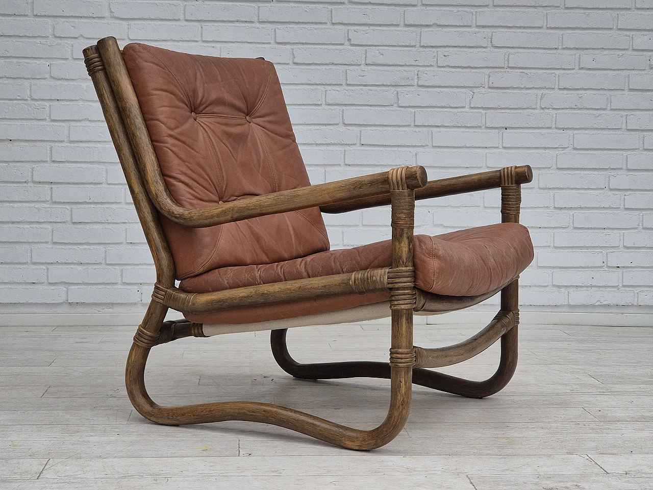 Scandinavian armchair in bamboo, leather, 1970s 1