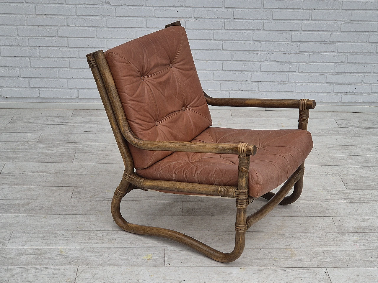 Scandinavian armchair in bamboo, leather, 1970s 2