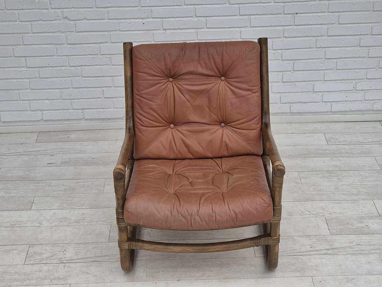 Scandinavian armchair in bamboo, leather, 1970s 7