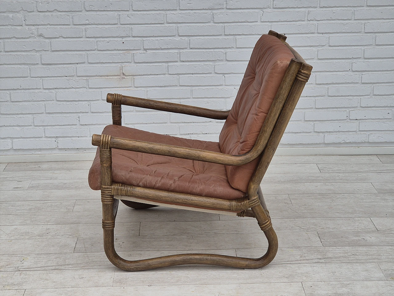 Scandinavian armchair in bamboo, leather, 1970s 14