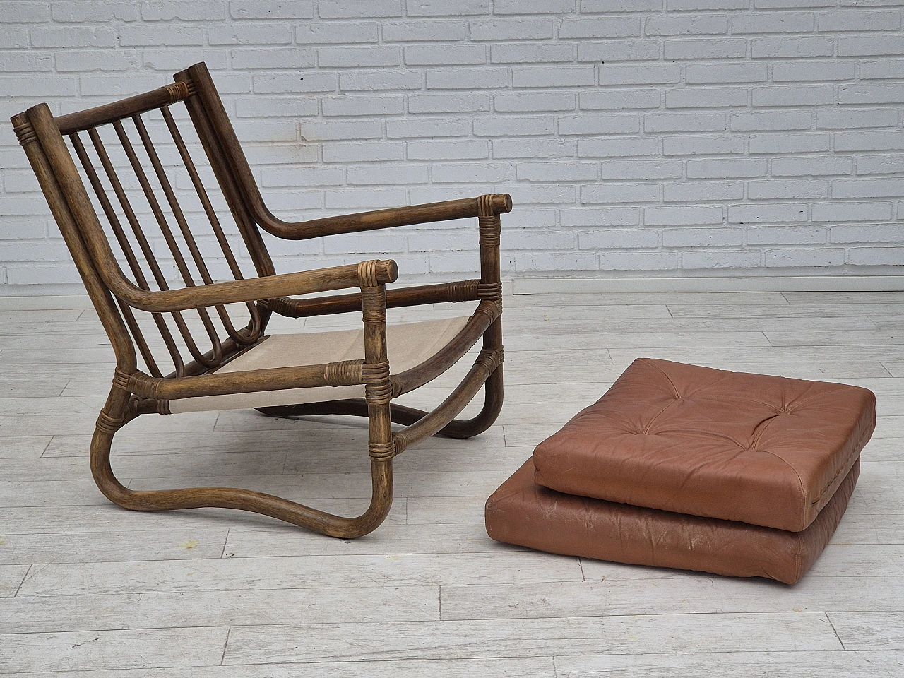 Scandinavian armchair in bamboo, leather, 1970s 15